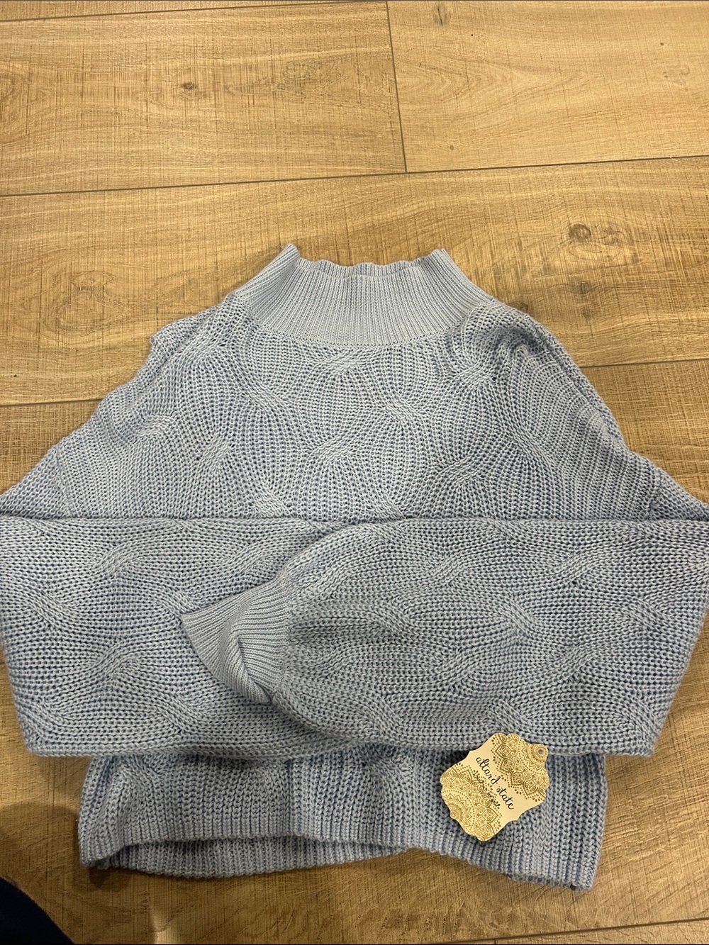 Cozy Light Blue Cable-Knit Mock Neck Sweater Altard State